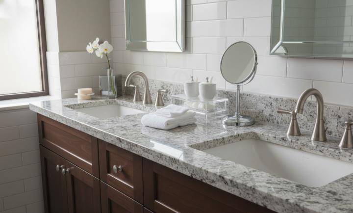 White granite bathroom vanity countertop with speckled pattern and dark wood cabinets