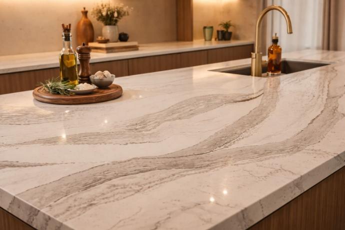 A close-up of an off-white quartz kitchen island with flowing gray veining