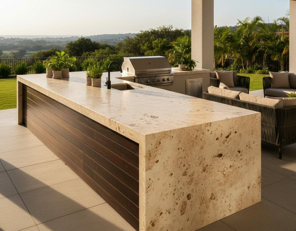 Natural beige stone countertop for outdoor cooking space