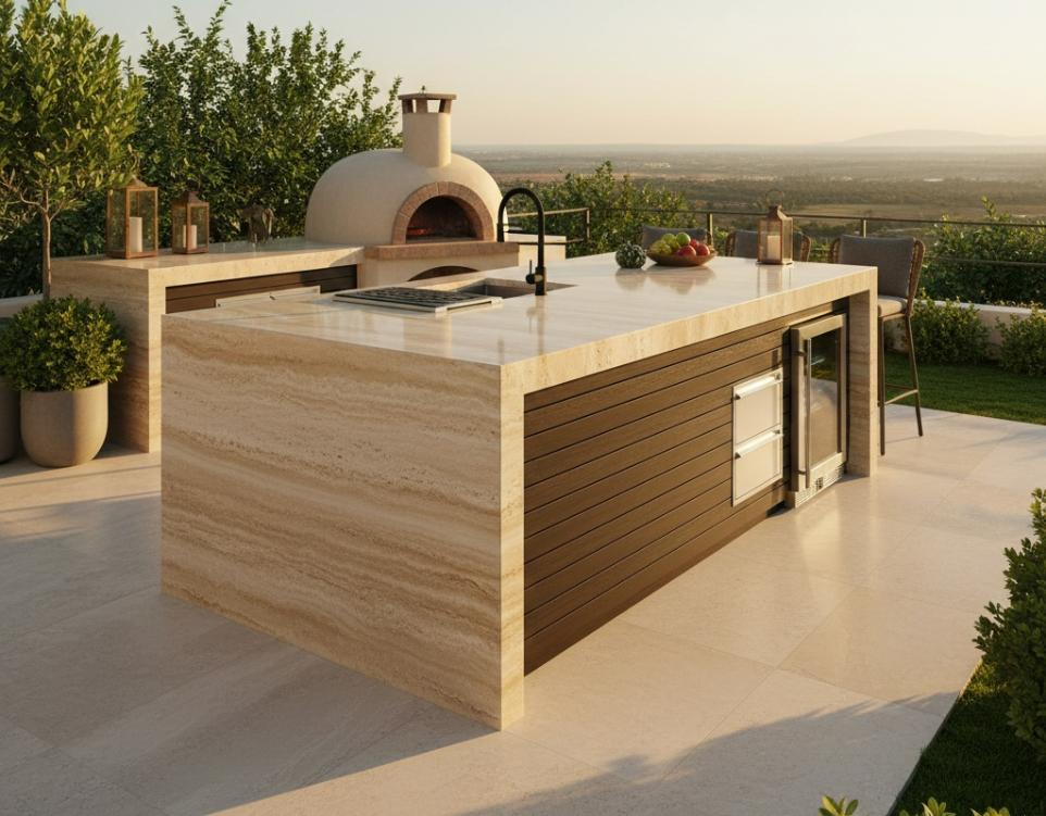 Beige stone countertop island for outdoor entertaining space