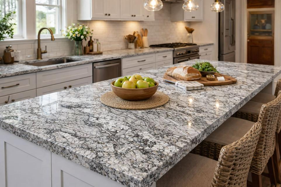 Granite kitchen countertops with black and white veining