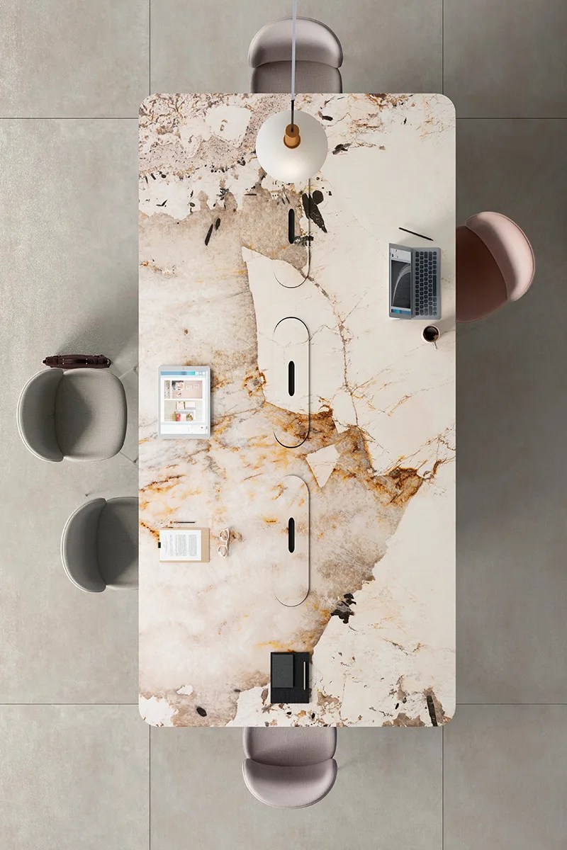 Illuminated organic look porcelain slab installed as a statement shower wall panel.