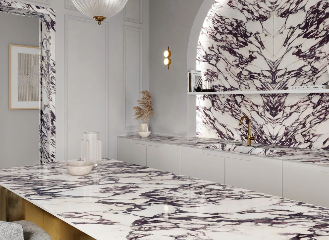 Porcelain countertop slab in bathroom