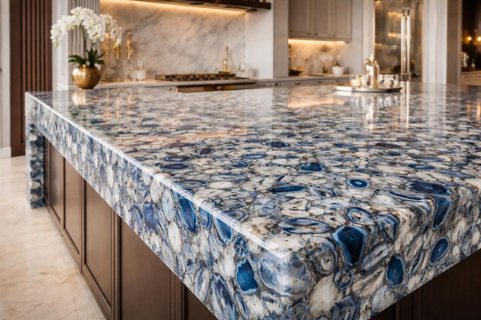 Blue agate kitchen island with vibrant crystalline patterns.