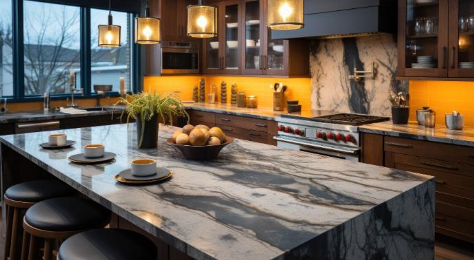 Kitchen island topped with a dramatic, grey-veined quartzite waterfall countertop