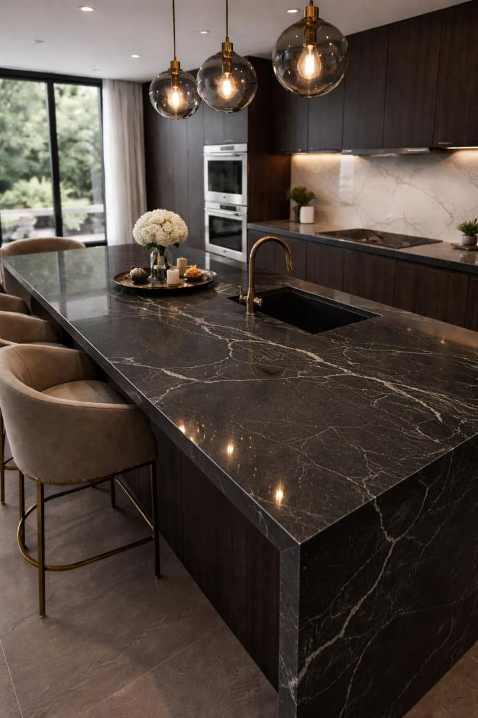 Black quartz countertop kitchen island with white veining and gold faucet