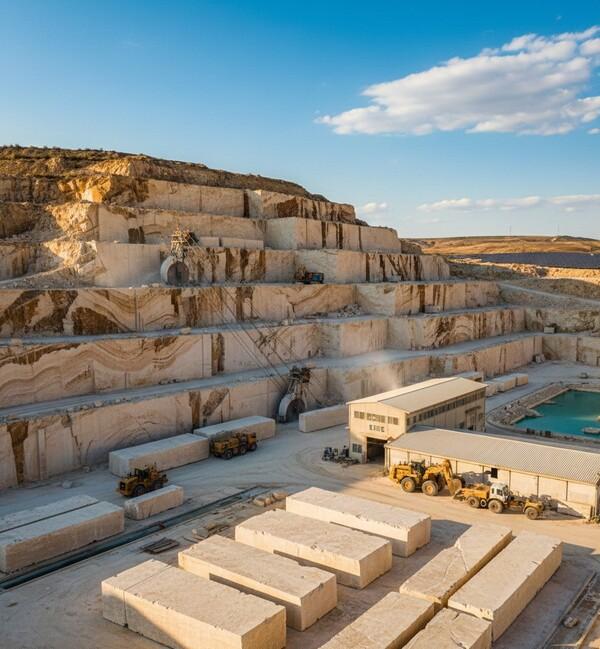 Quarry operation for extracting travertine stone slabs.
