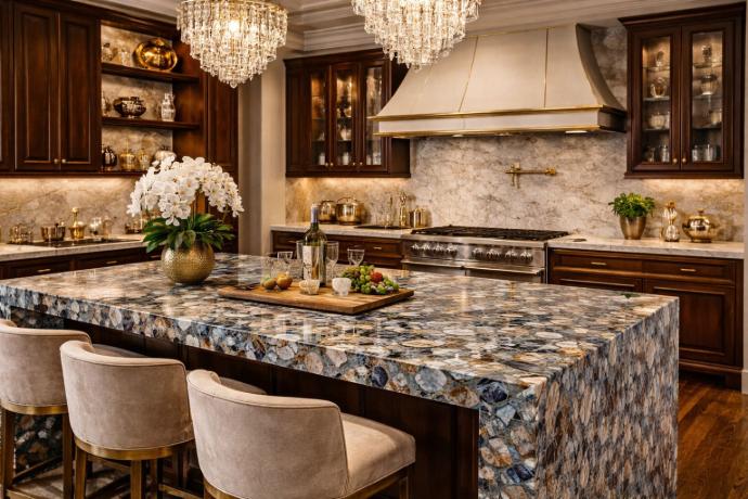Polished semi-precious stone kitchen island