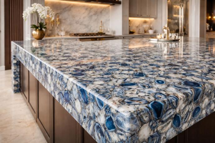 Kitchen with blue semi-precious agate waterfall island