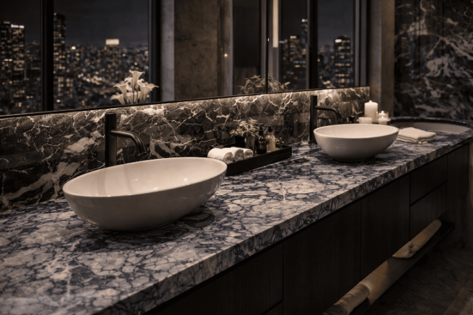 Blue dolomite countertop installed in a modern bathroom vanity with city view