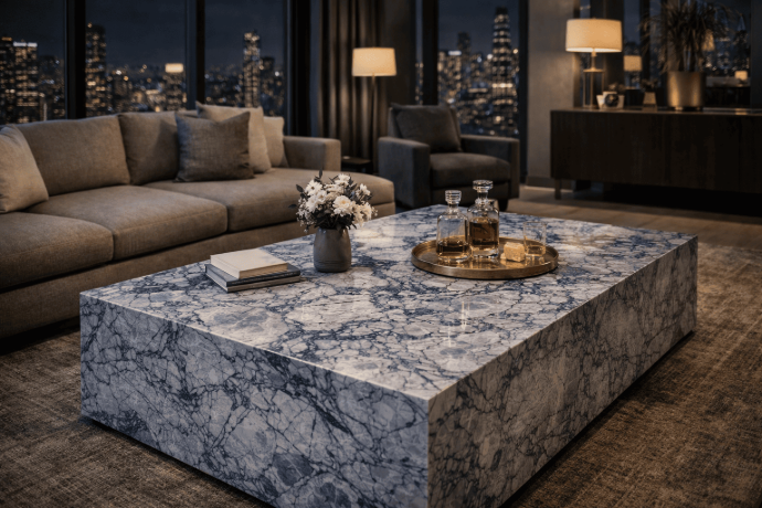 Blue dolomite stone coffee table as a centerpiece in a luxury living room
