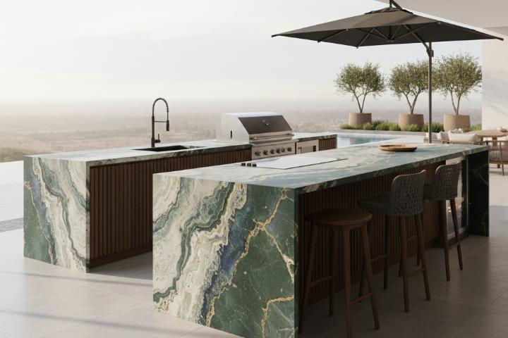 Natural stone outdoor countertops in a minimalist terrace kitchen