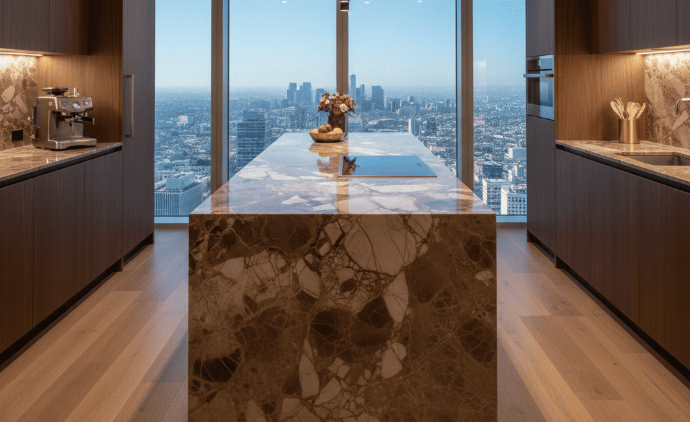 Brown marble countertop installed as a kitchen island in a high-rise modern kitchen