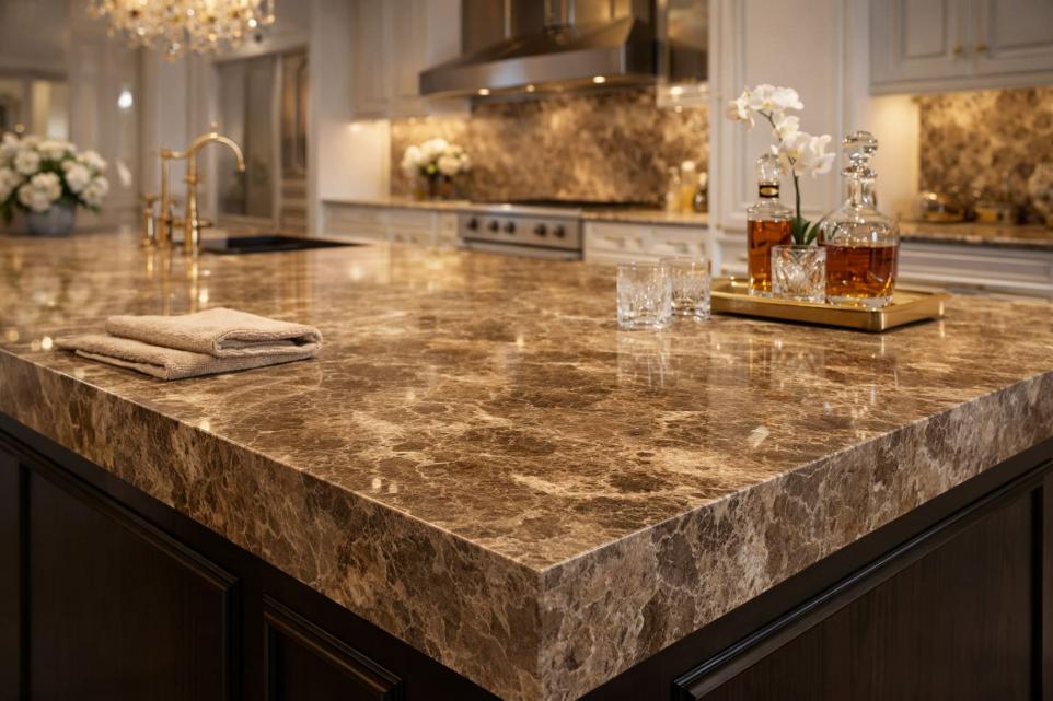 Beige marble countertop installed as a kitchen island in an elegant traditional kitchen