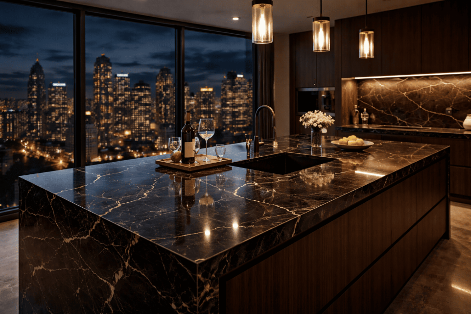 Black marble countertop installed as a kitchen island in a luxury high-rise apartment at night