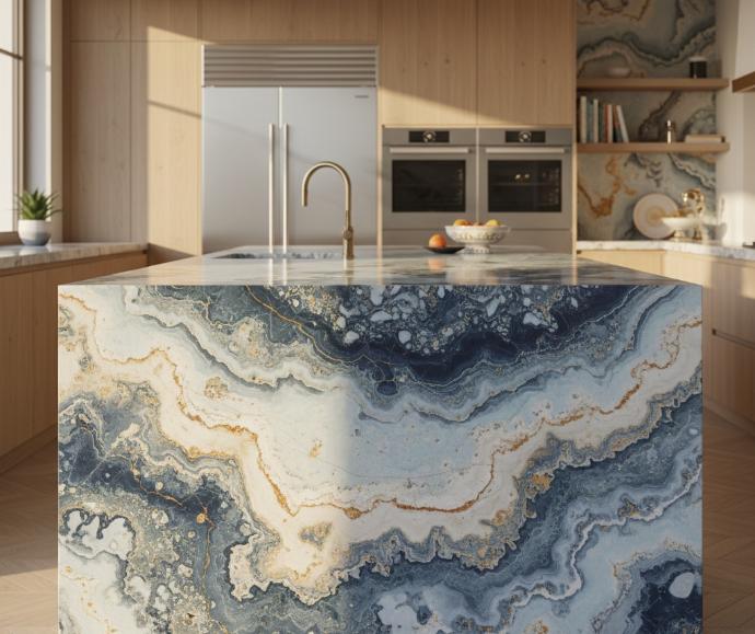 Full blue travertine slab view showing unique non-repeating pattern