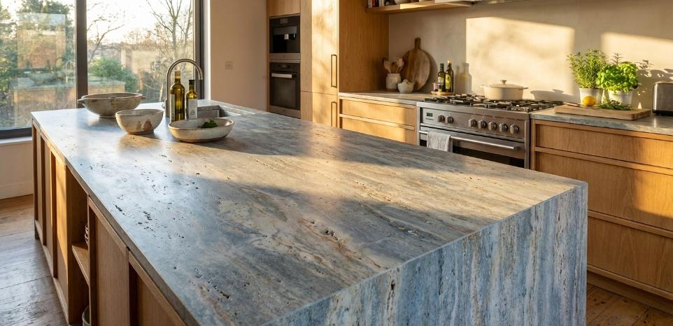 Honed blue travertine natural stone slab surface for modern kitchen countertop