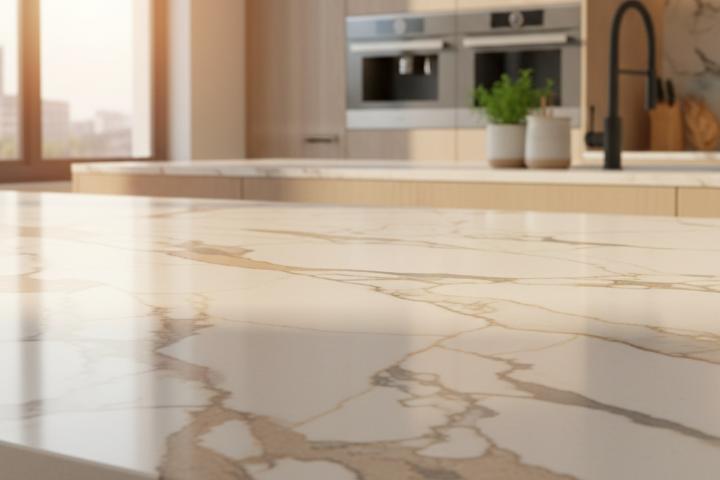 Close-up of veined engineered stone slab