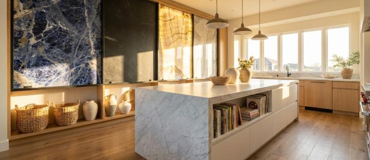 Natural stone slabs displayed in modern kitchen island.
