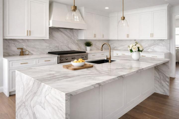 White Rhino White Rhino marble slab countertop with bold gray veining in a bright kitchen