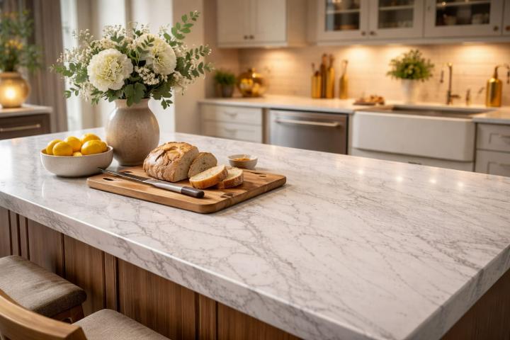 Galata Bianco Galata Bianco marble slab countertop with soft white background and delicate gray veining in a warm kitchen