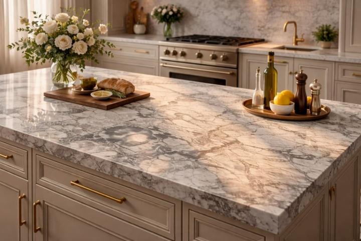 Super White Super White quartzite slab countertop with gray and gold veining in an elegant kitchen