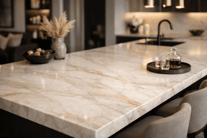 Cream natural stone countertop with warm golden veining on a modern kitchen island