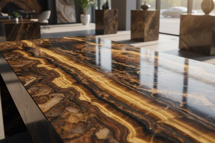 Close-up of brown tiger's eye semi-precious stone countertop