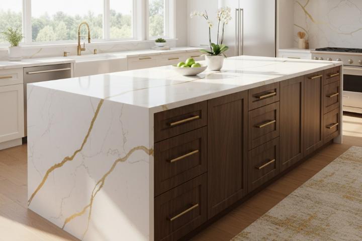 White quartz kitchen countertop