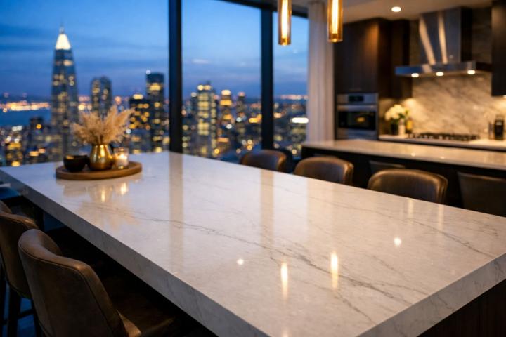 Modern white quartz countertop in a high-rise kitchen.