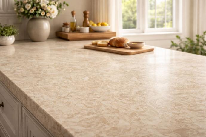 Cream quartz countertop in a sunlit kitchen