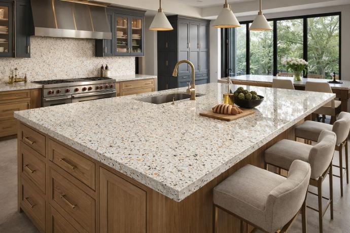 Kitchen featuring a large speckled quartz countertop island