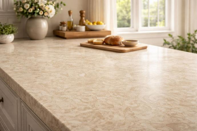 Cream stone countertop in a bright farmhouse kitchen