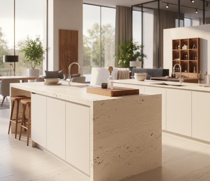 Luxury kitchen countertop in cream travertine