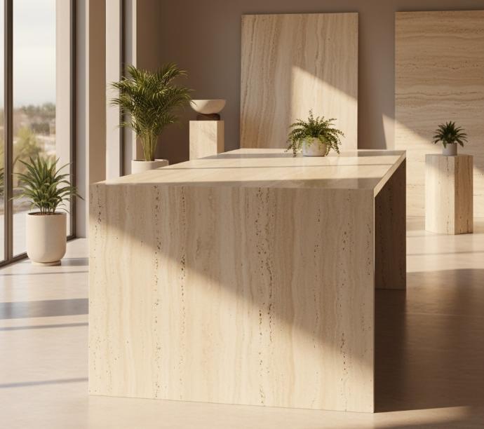 Cream travertine countertop slab with polished finish