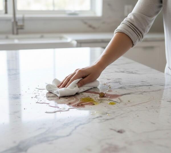 Wiping a spill from a polished quartzite countertop.