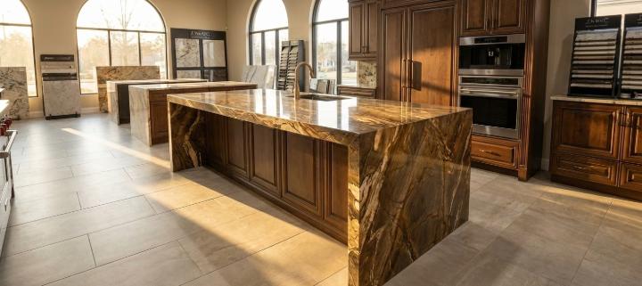 Luxurious kitchen island featuring brown quartzite countertop.