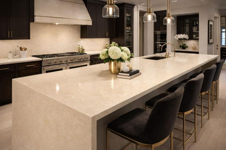 Large cream natural stone kitchen island with waterfall edge, black cabinetry, and gold accents