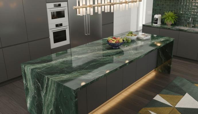 Modern kitchen with a vibrant Orobico Luxe porcelain countertop