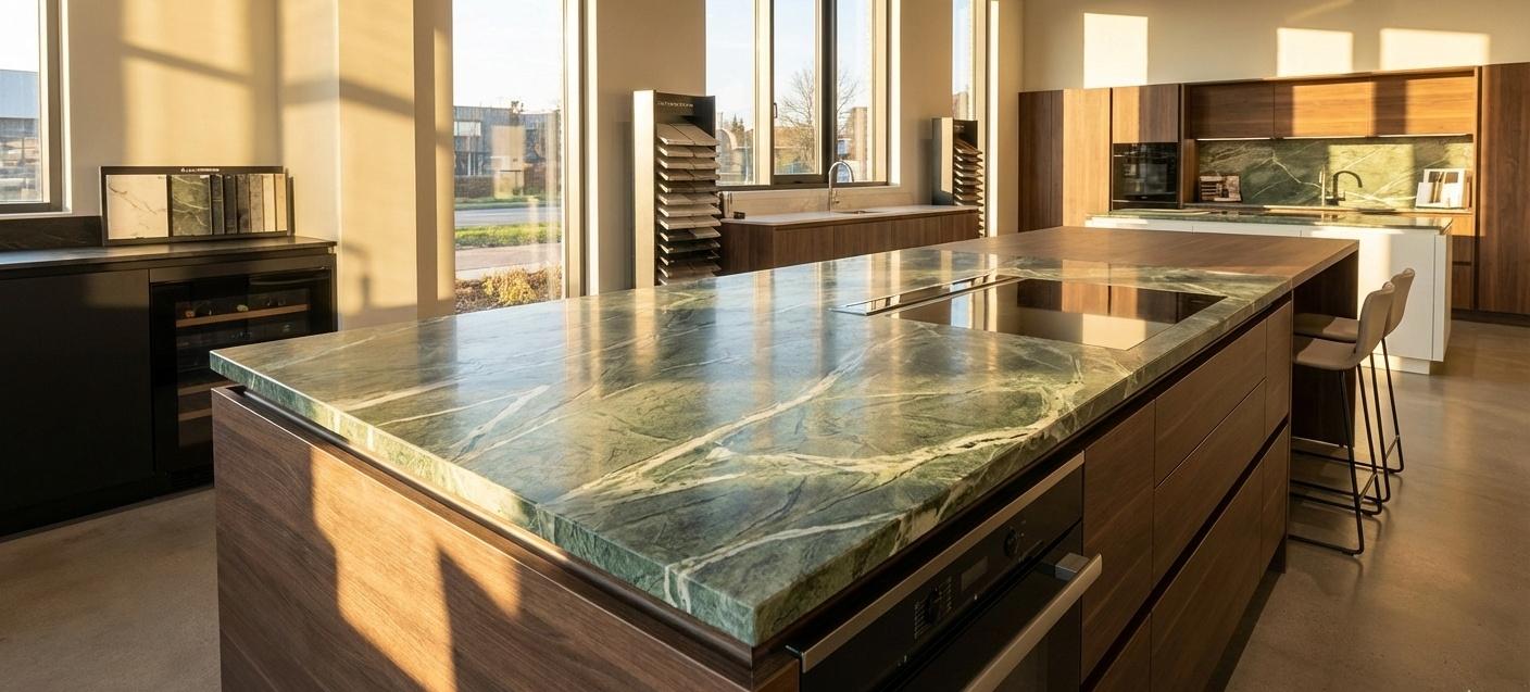 Green dolomite slab in kitchen island showroom