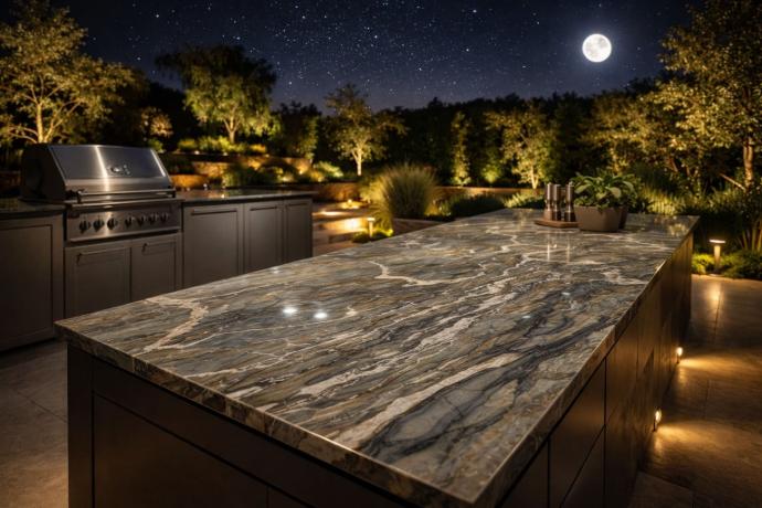 Elegant fusion quartzite island in an outdoor space.
