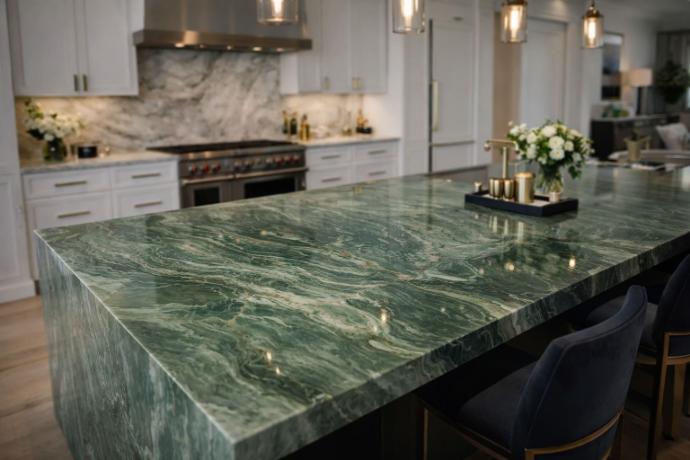 Large kitchen island featuring a striking green natural stone countertop