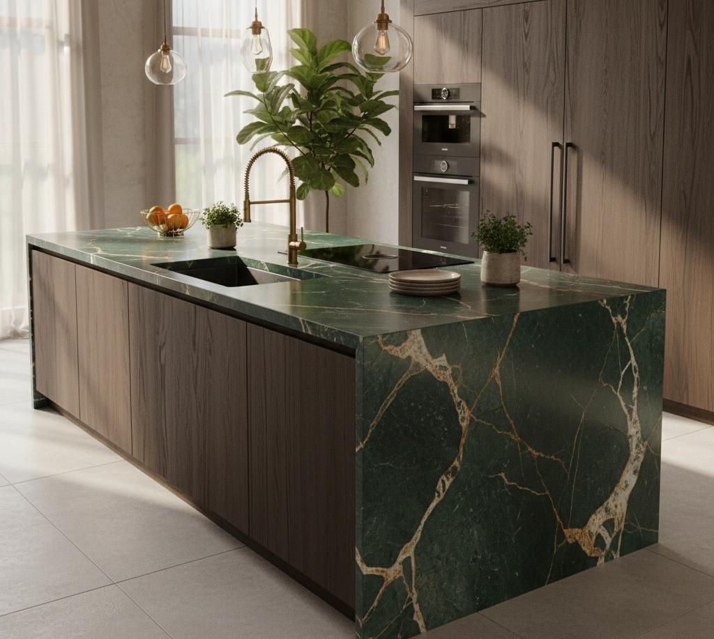 Polished green stone countertop slab with natural veining