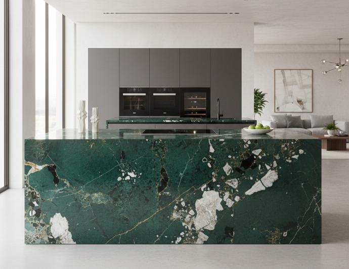 Large format green semi-precious natural stone slab with distinctive mineral patterning