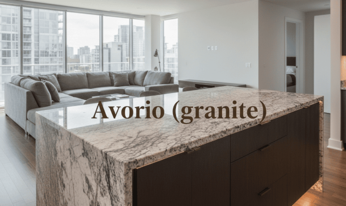 Avorio brown granite countertop with white and gray veining installed in a modern kitchen island