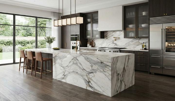 Modern kitchen with a dramatic marble waterfall island.