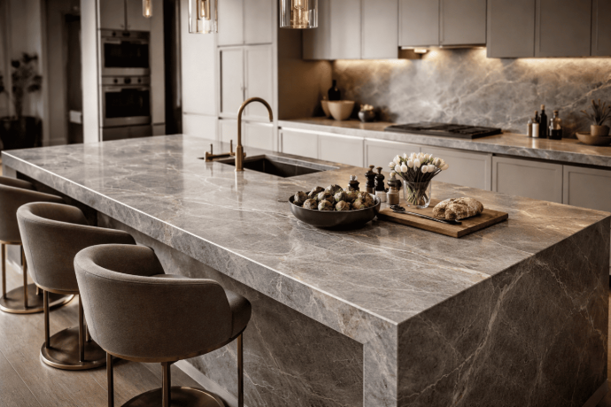 Gray natural stone countertop kitchen island with veining