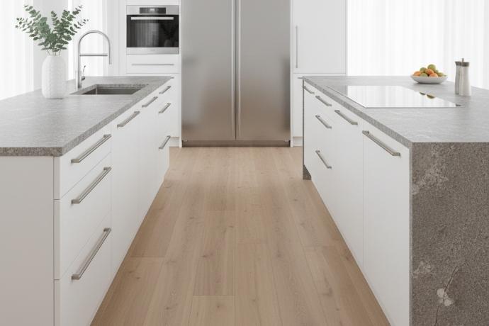 Honed gray granite countertop installed in a contemporary kitchen