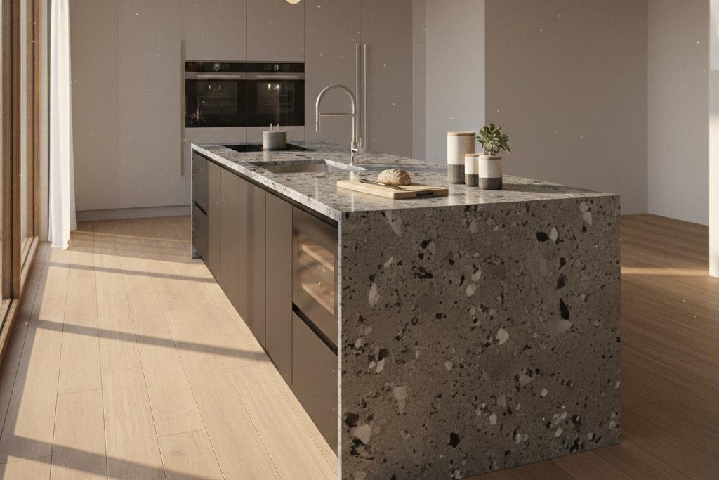 Gray granite countertop slab with distinctive polished finish