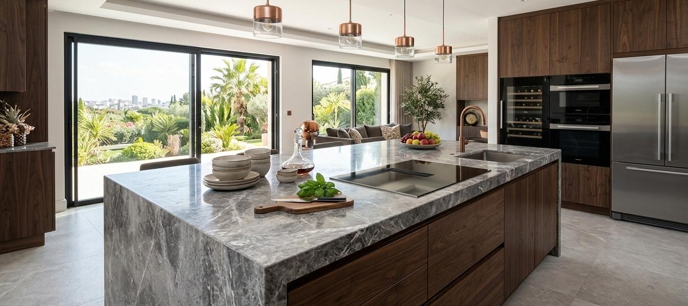 Gray marble countertop slab with distinctive silver veining